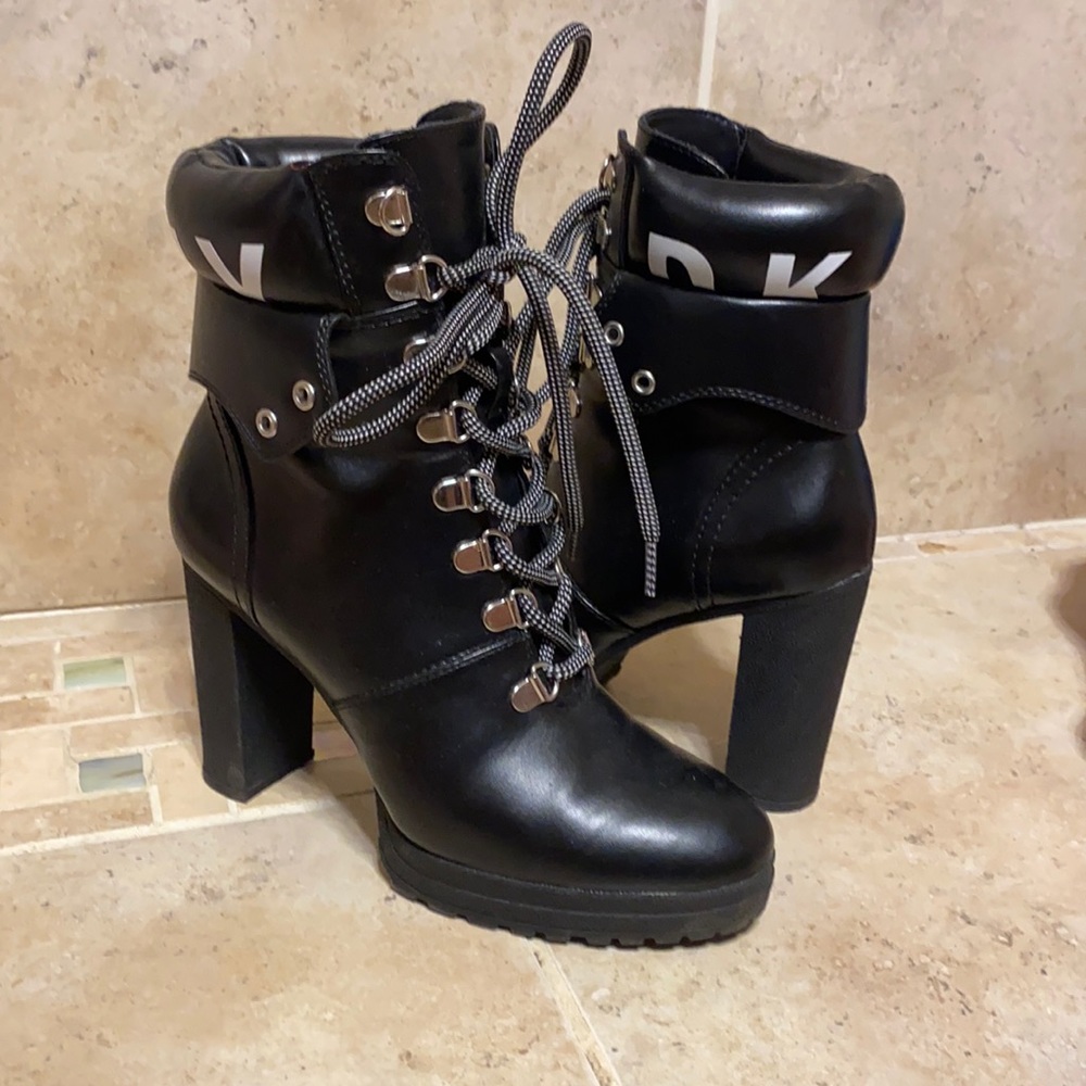 Black leather (faux) lace up heeled boots